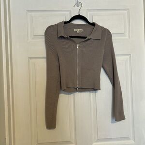 Charlotte Russe Taupe Ribbed Zip-Up Collared Top